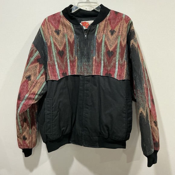 Vintage Mens Western XL Black Western Yoke Bomber 90s Aztec Quilt Lined Cowboy